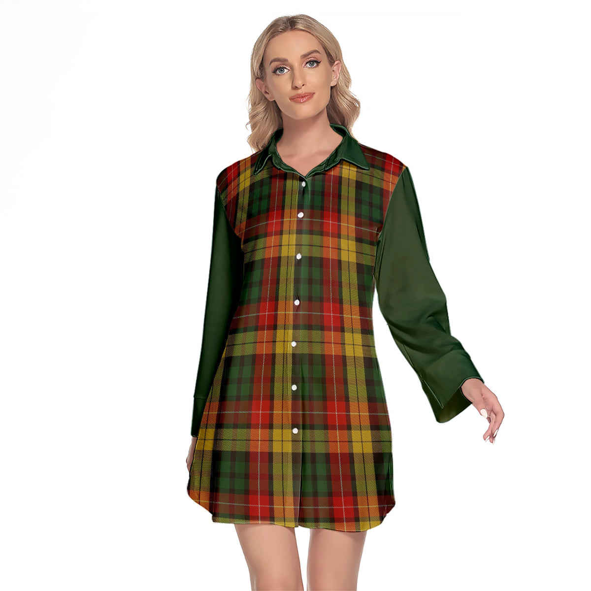 Buchanan Tartan Women's Lapel Shirt Dress With Long Sleeve