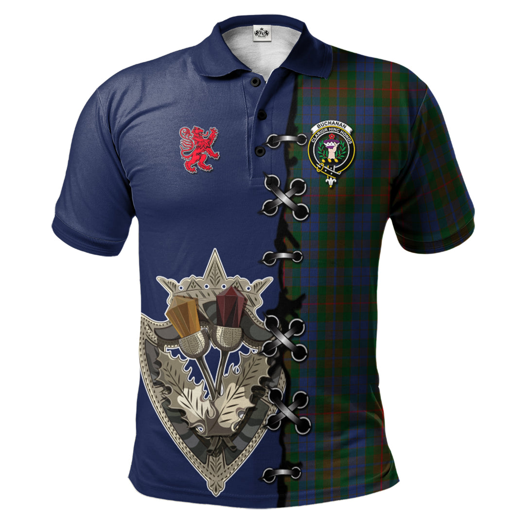 Buchanan Hunting Tartan Polo Shirt - Lion Rampant And Celtic Thistle Style