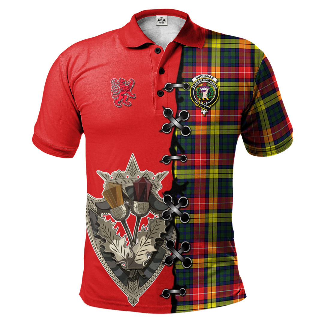 Buchanan Modern Tartan Polo Shirt - Lion Rampant And Celtic Thistle Style