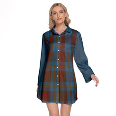 Cameron Hunting Tartan Women's Lapel Shirt Dress With Long Sleeve