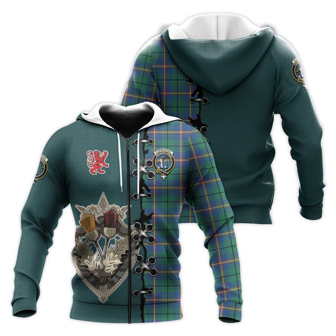 Carmichael Ancient Tartan Hoodie - Lion Rampant And Celtic Thistle Style