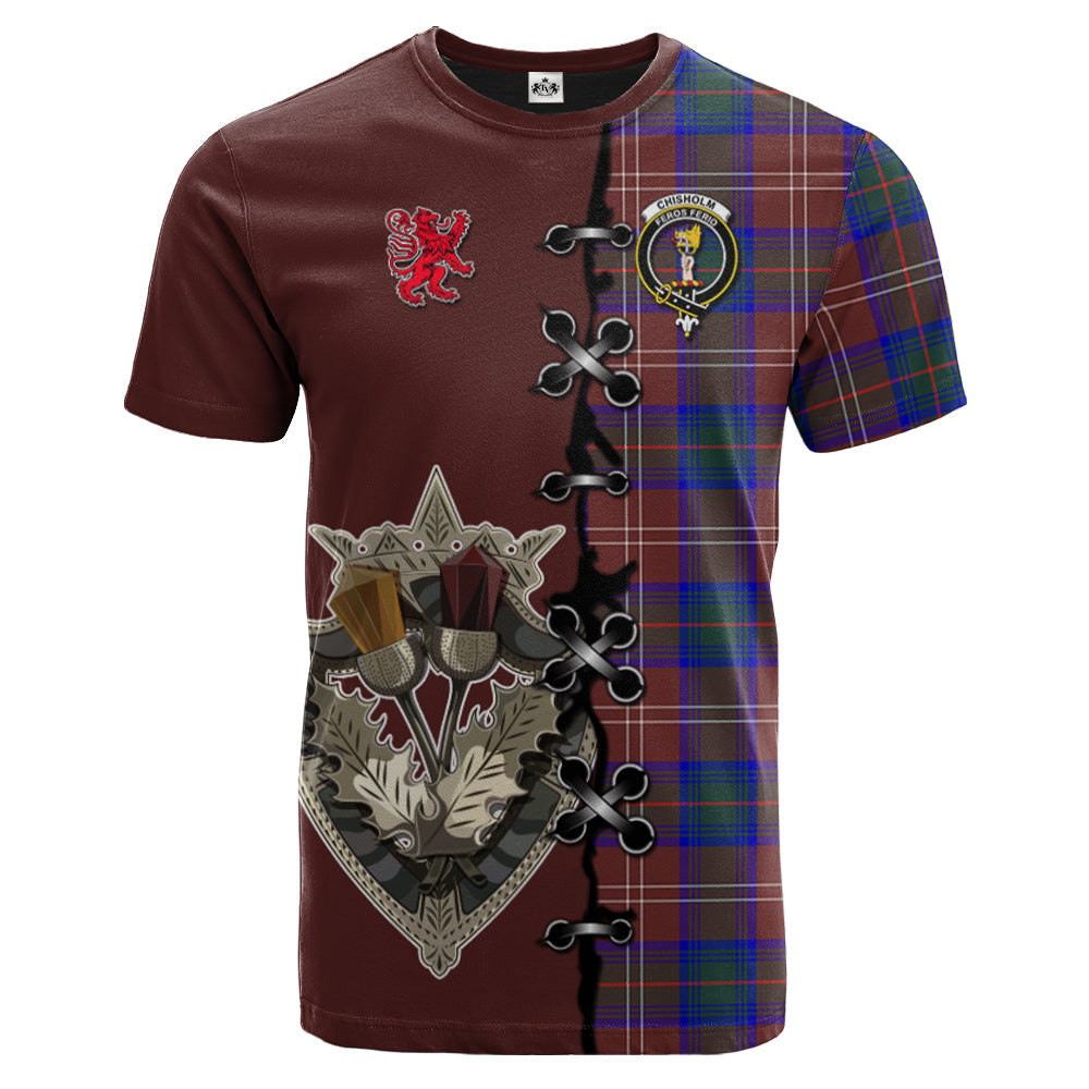 Chisholm Hunting Modern Tartan T-shirt - Lion Rampant And Celtic Thistle Style