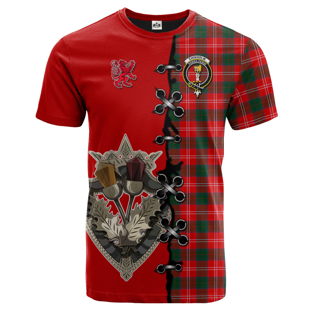 Chisholm Modern Tartan T-shirt - Lion Rampant And Celtic Thistle Style