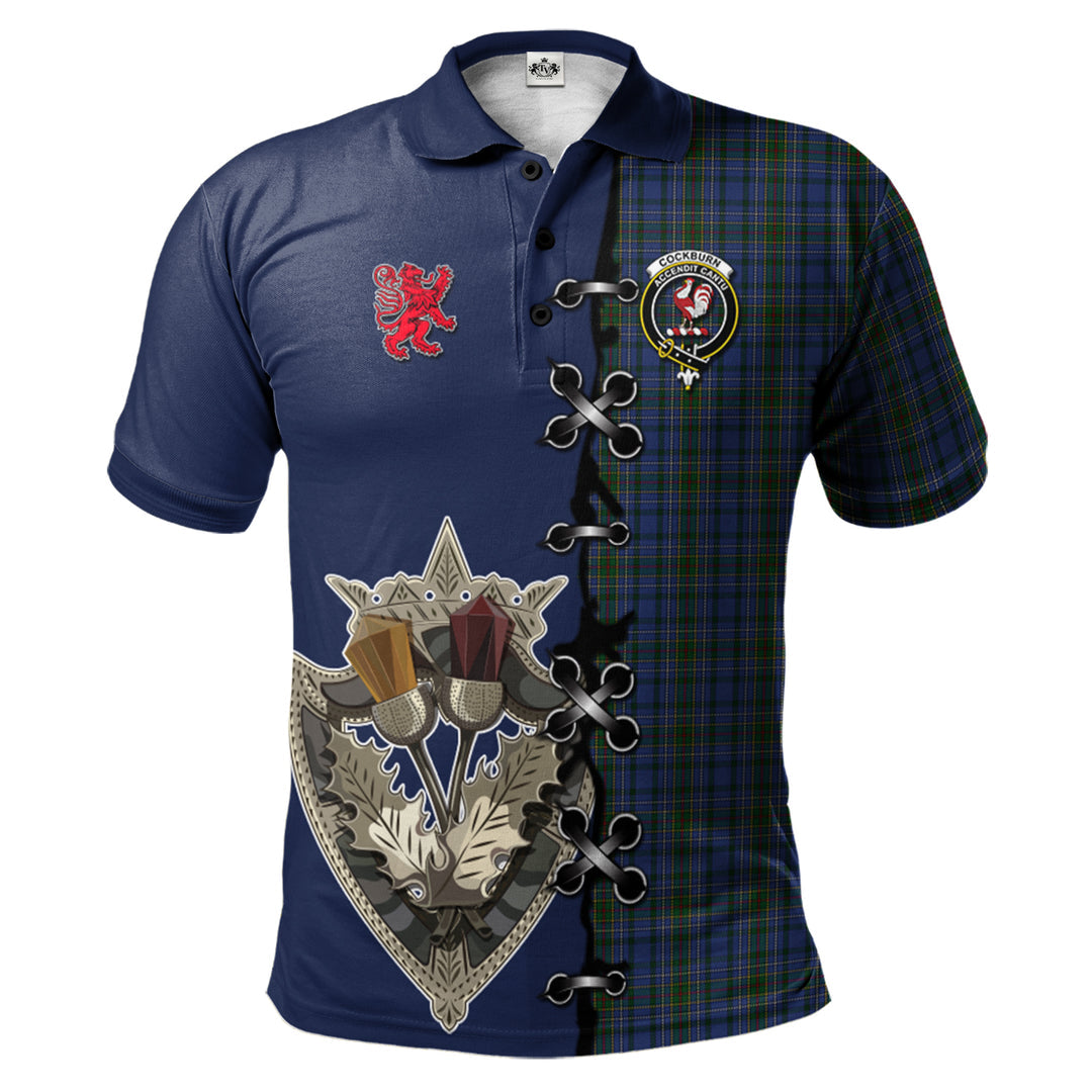 Cockburn Blue Tartan Polo Shirt - Lion Rampant And Celtic Thistle Style