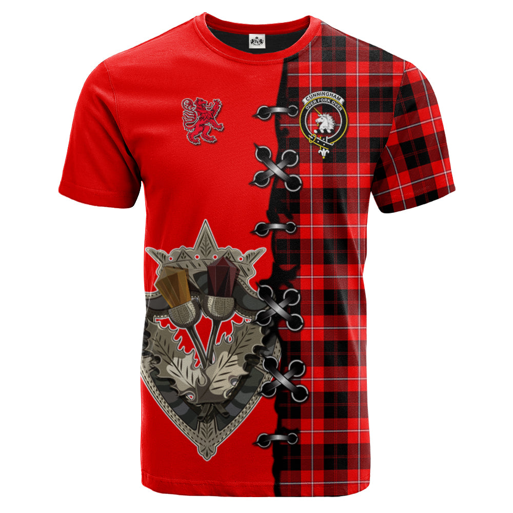 Cunningham Modern Tartan T-shirt - Lion Rampant And Celtic Thistle Style