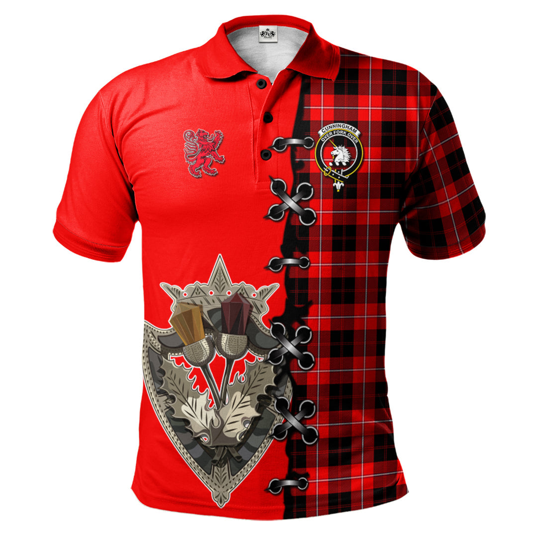 Cunningham Modern Tartan Polo Shirt - Lion Rampant And Celtic Thistle Style