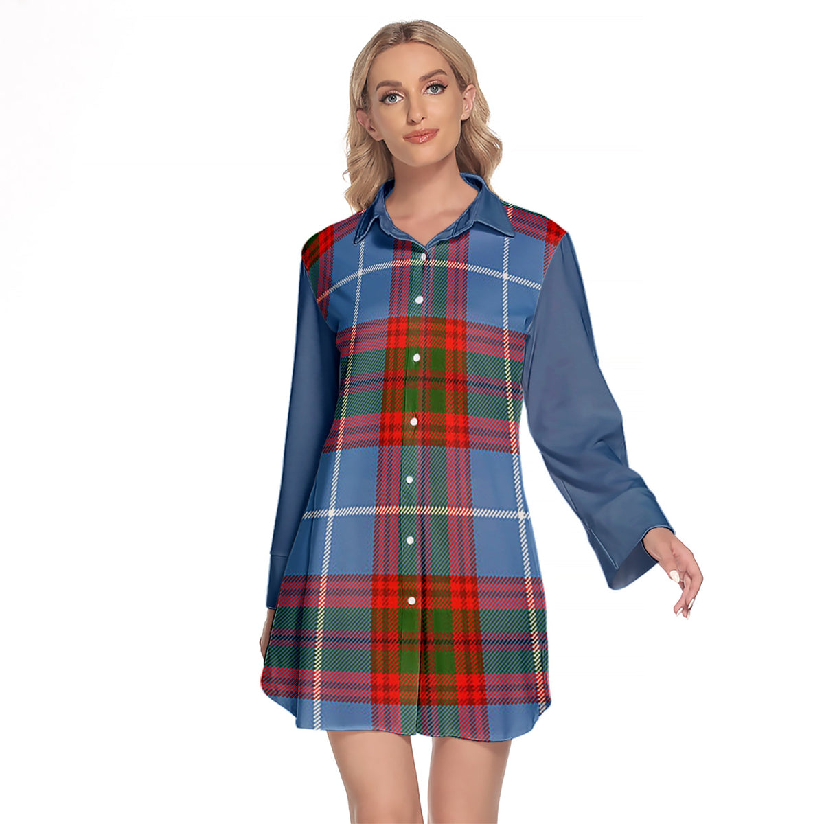 Dalmahoy Tartan Women's Lapel Shirt Dress With Long Sleeve