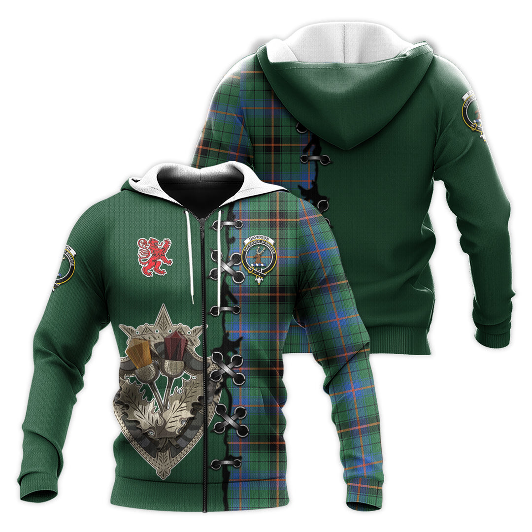 Davidson Ancient Tartan Hoodie - Lion Rampant And Celtic Thistle Style