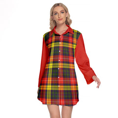 Dewar Tartan Women's Lapel Shirt Dress With Long Sleeve