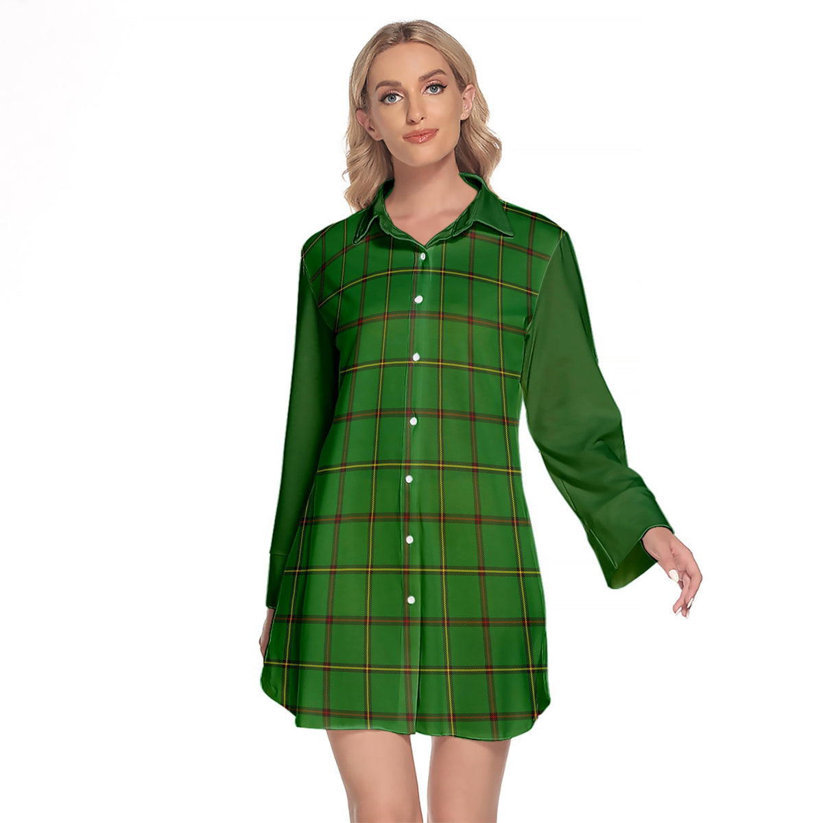 Don Tartan Women's Lapel Shirt Dress With Long Sleeve