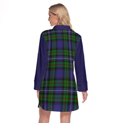 Donnachaidh Tartan Women's Lapel Shirt Dress With Long Sleeve