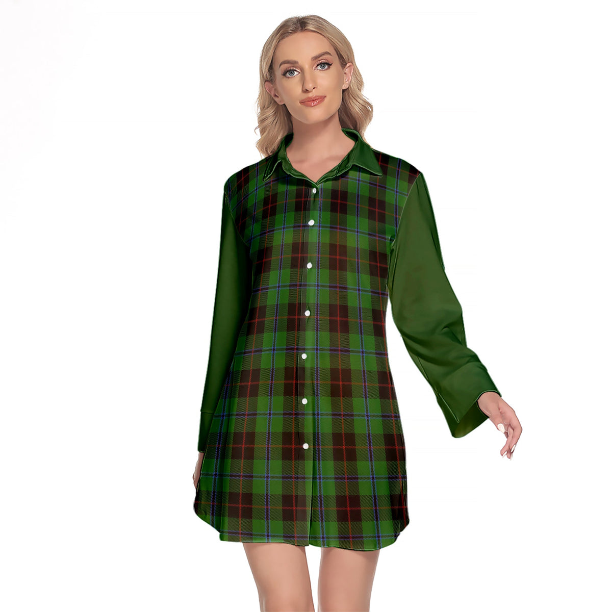 Douglas Black Tartan Women's Lapel Shirt Dress With Long Sleeve