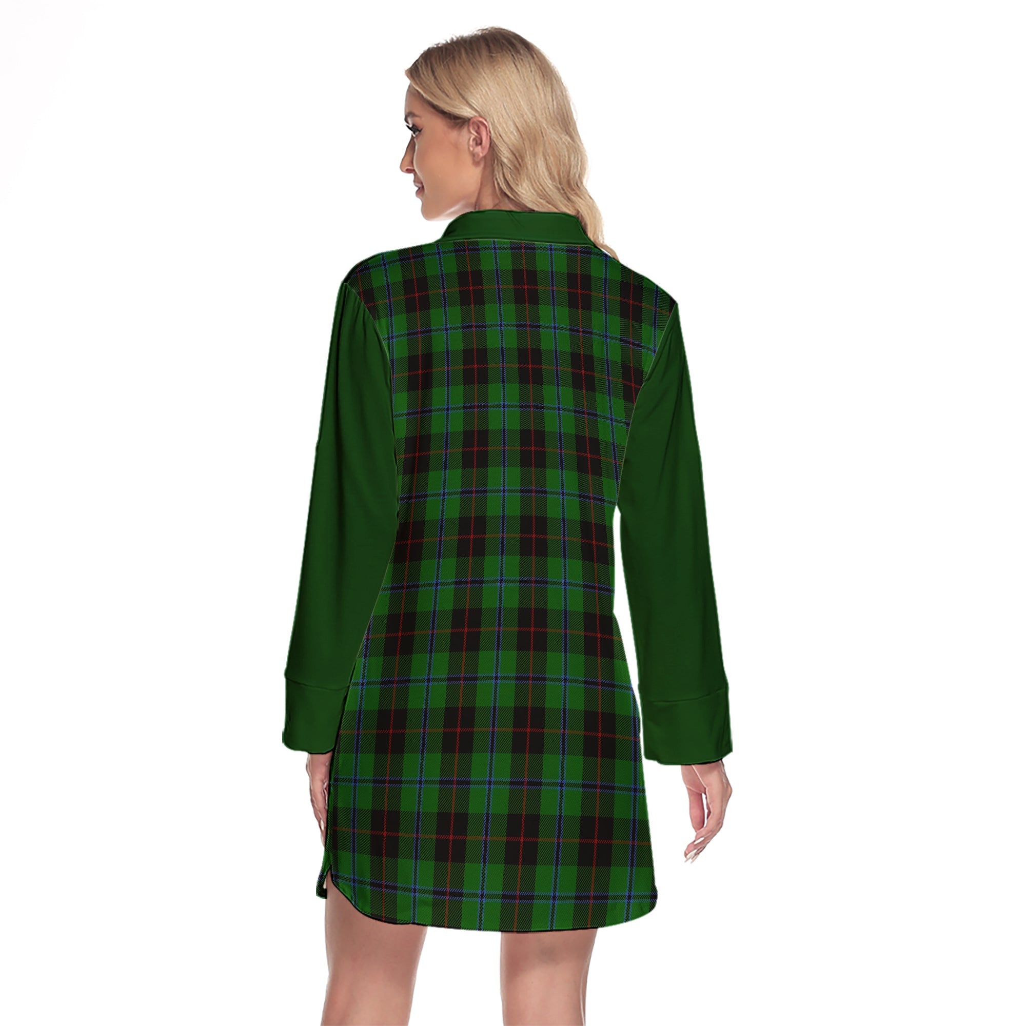 Douglas Black Tartan Women's Lapel Shirt Dress With Long Sleeve