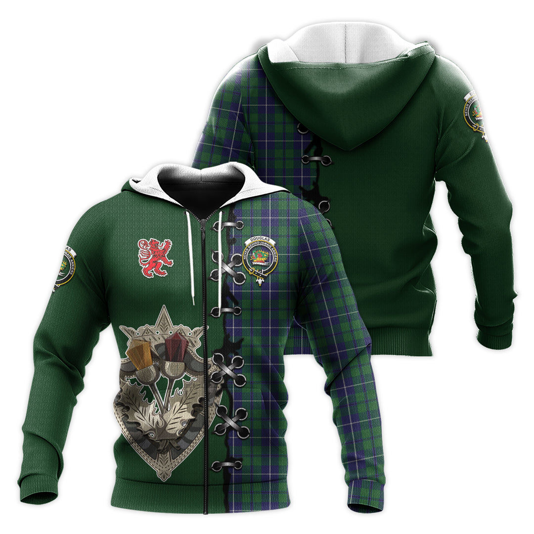 Douglas Green Tartan Hoodie - Lion Rampant And Celtic Thistle Style