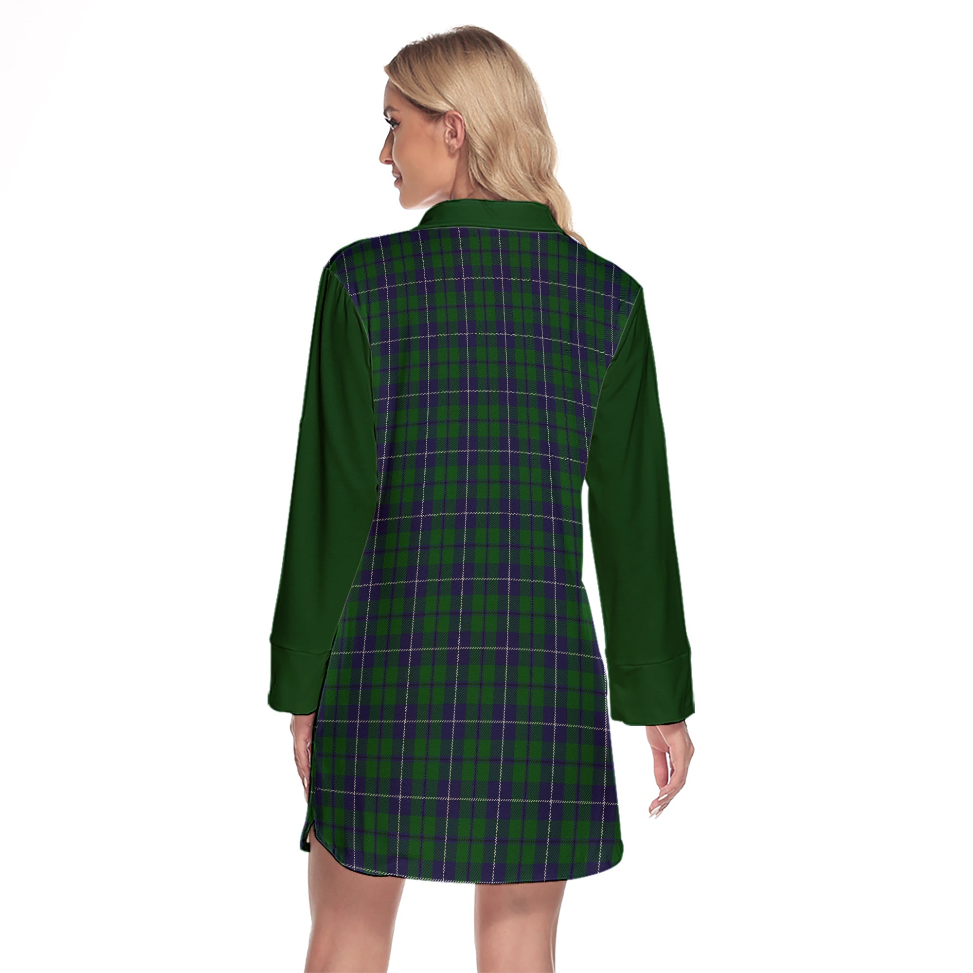 Douglas Green Tartan Women's Lapel Shirt Dress With Long Sleeve