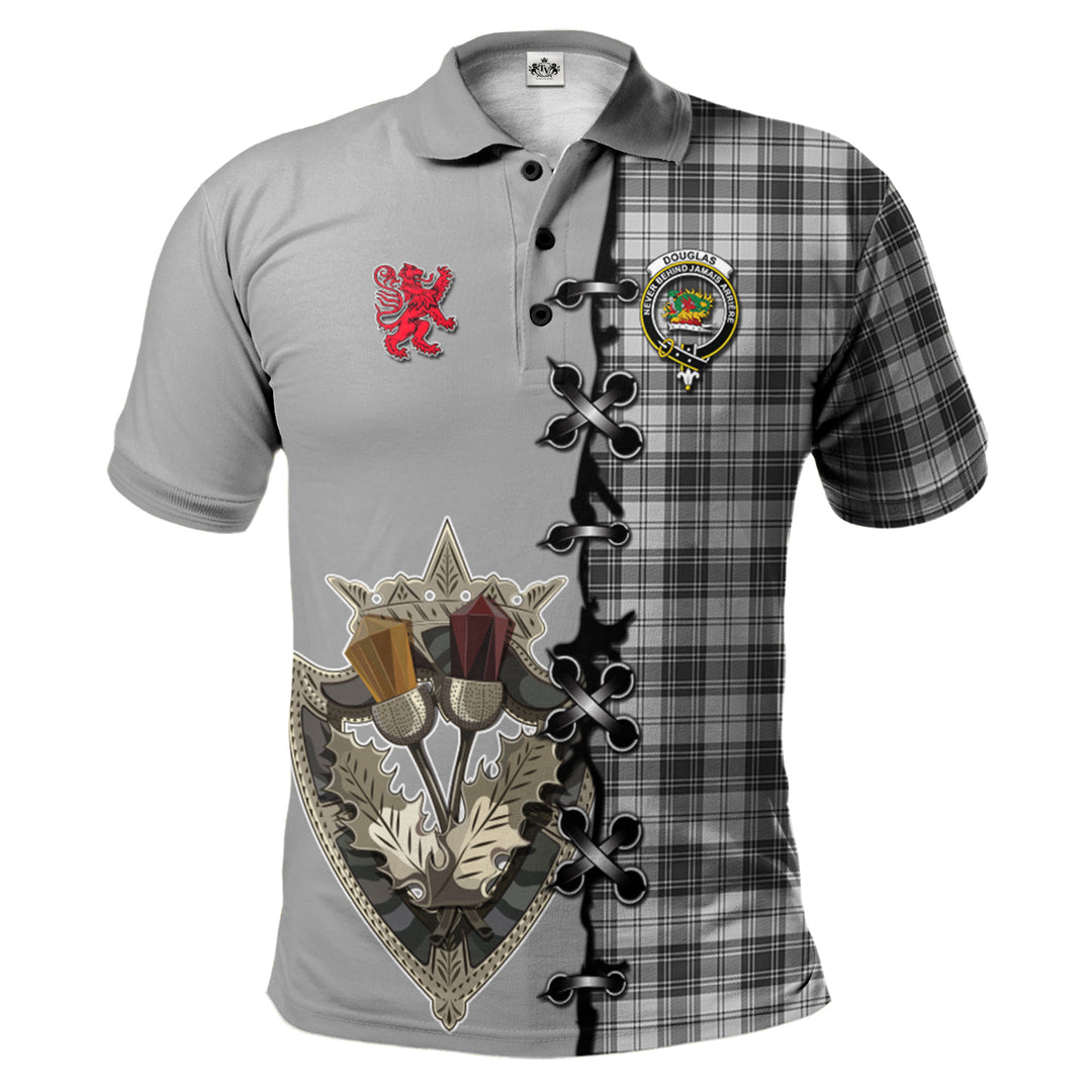 Douglas Grey Modern Tartan Polo Shirt - Lion Rampant And Celtic Thistle Style