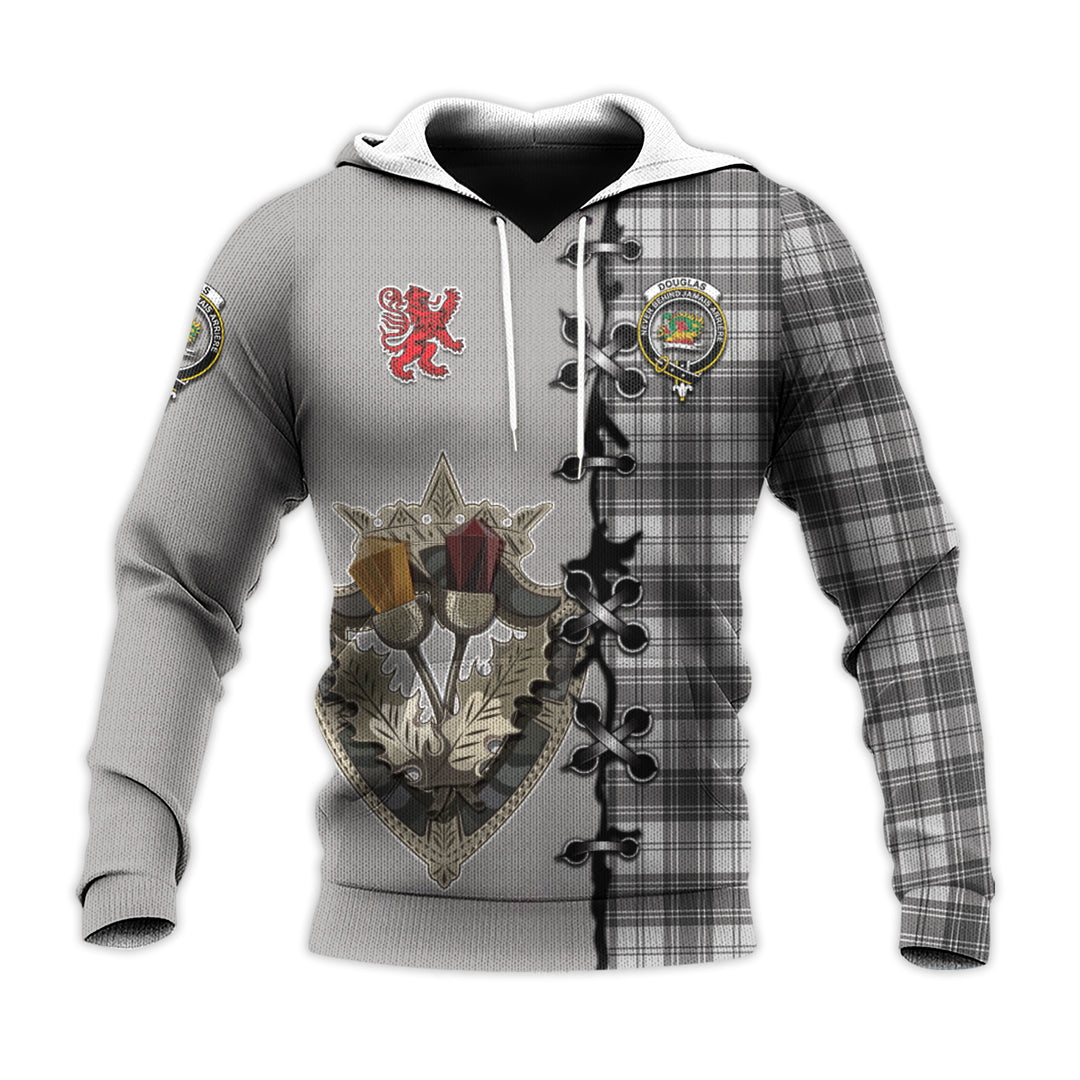 Douglas Grey Modern Tartan Hoodie - Lion Rampant And Celtic Thistle Style