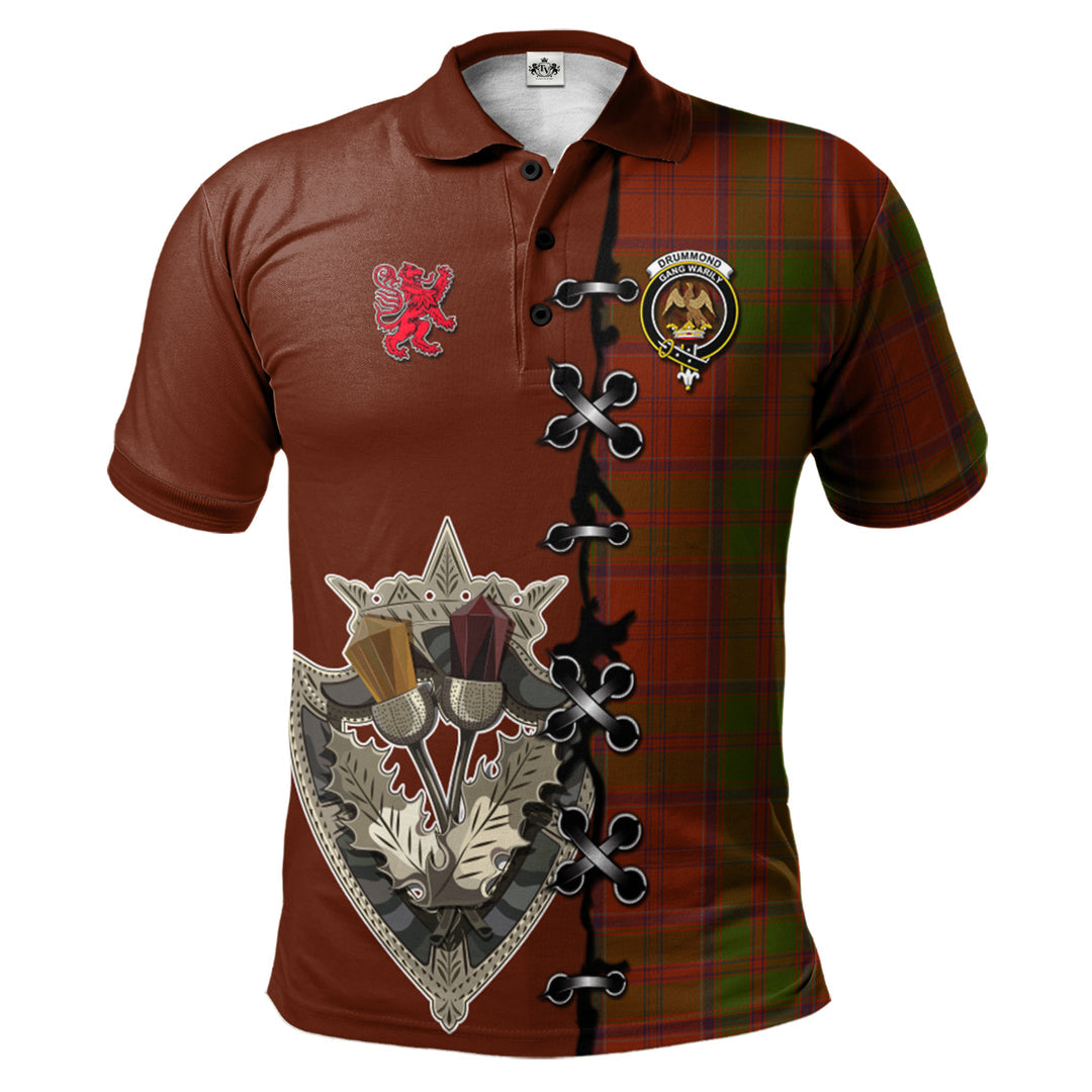 Drummond Tartan Polo Shirt - Lion Rampant And Celtic Thistle Style