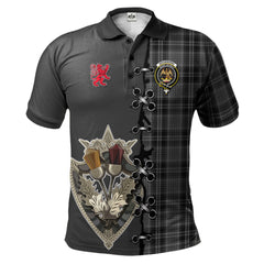 Drummond Grey Tartan Polo Shirt - Lion Rampant And Celtic Thistle Style