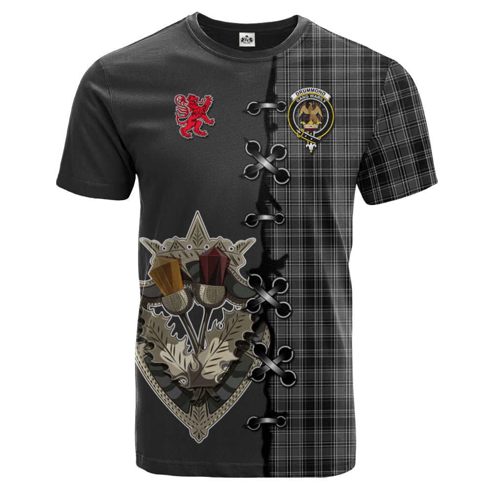 Drummond Grey Tartan T-shirt - Lion Rampant And Celtic Thistle Style