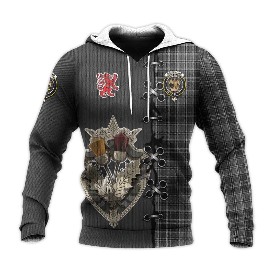 Drummond Grey Tartan Hoodie - Lion Rampant And Celtic Thistle Style