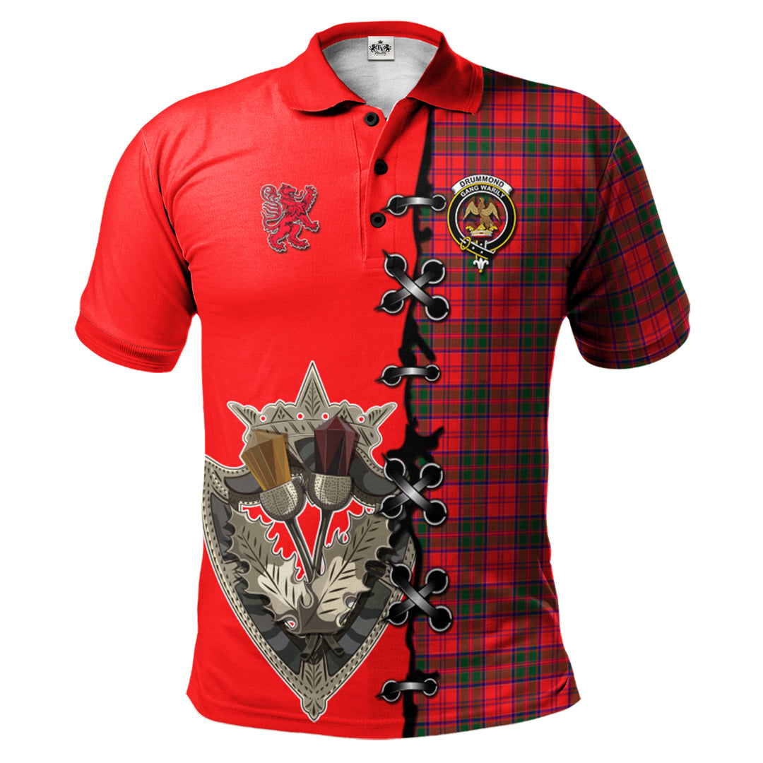 Drummond Modern Tartan Polo Shirt - Lion Rampant And Celtic Thistle Style