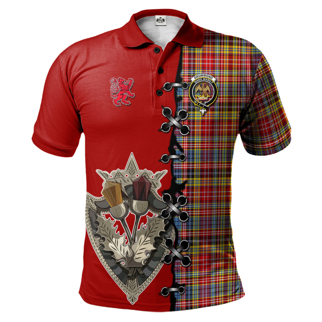 Drummond of Strathallan Modern Tartan Polo Shirt - Lion Rampant And Celtic Thistle Style