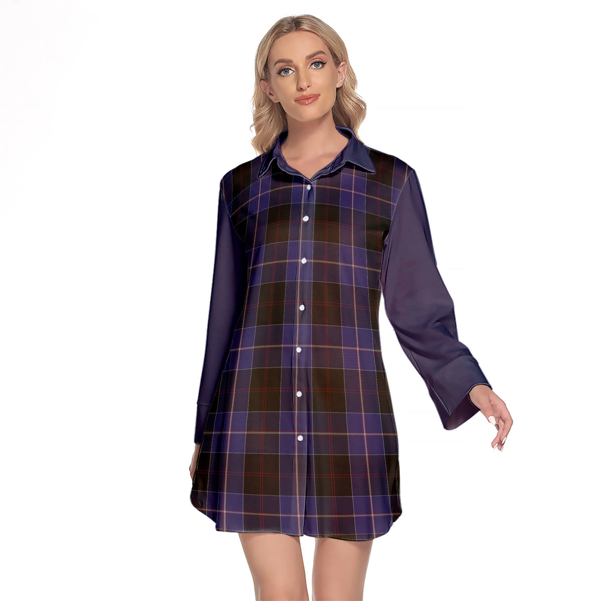 Dunlop Tartan Women's Lapel Shirt Dress With Long Sleeve