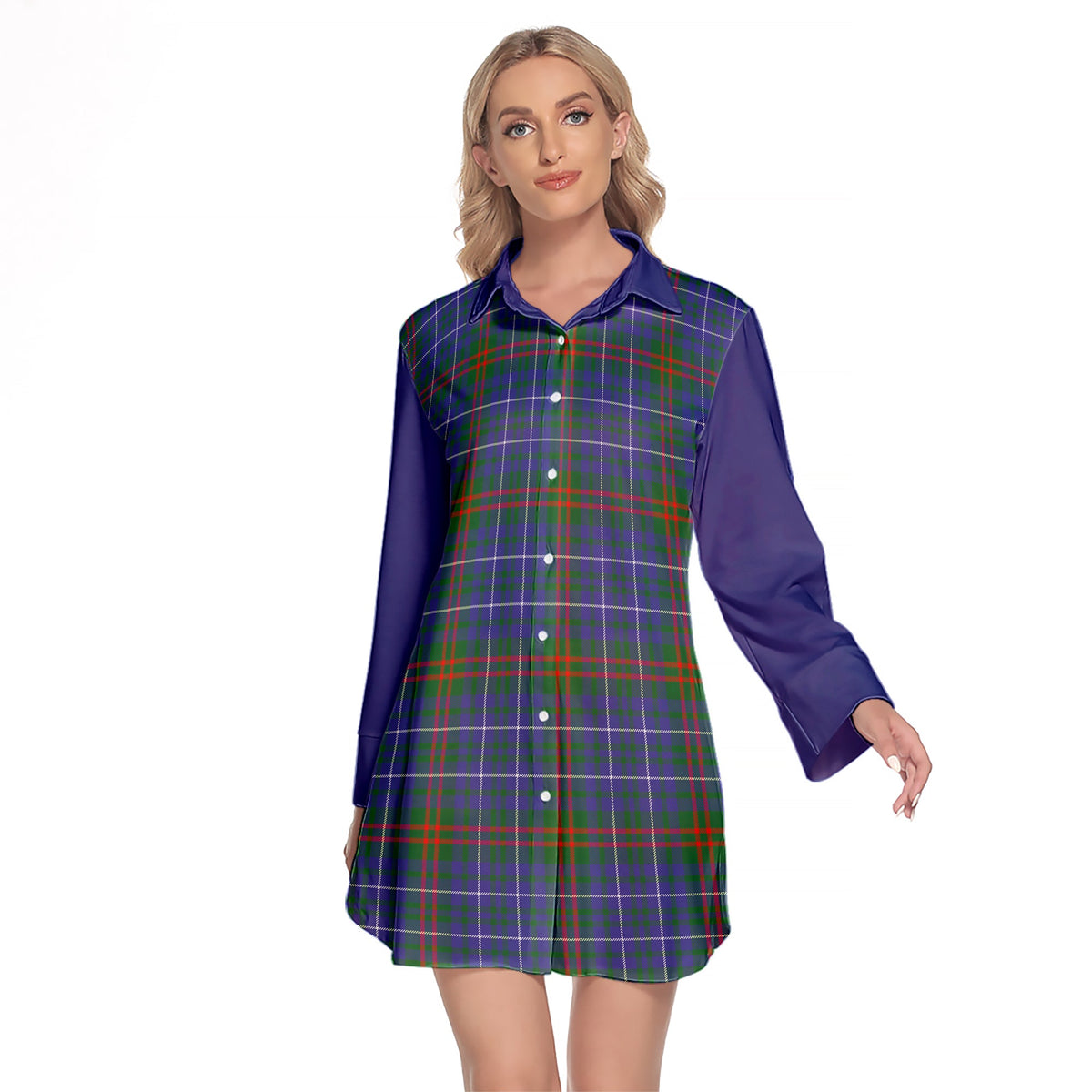 Edmonstone Tartan Women's Lapel Shirt Dress With Long Sleeve