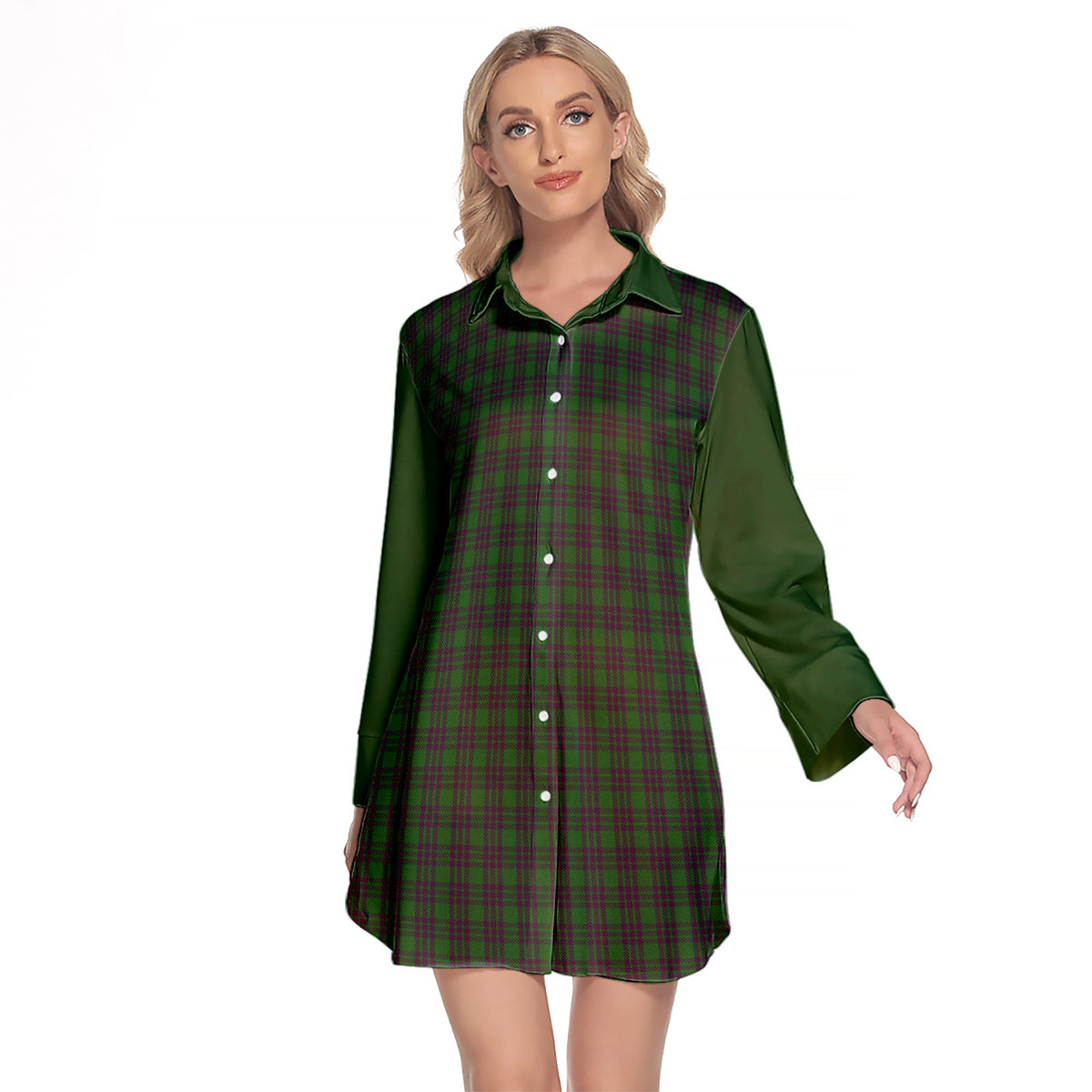 Elphinstone Tartan Women's Lapel Shirt Dress With Long Sleeve