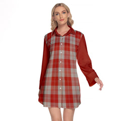 Erskine Red Tartan Women's Lapel Shirt Dress With Long Sleeve