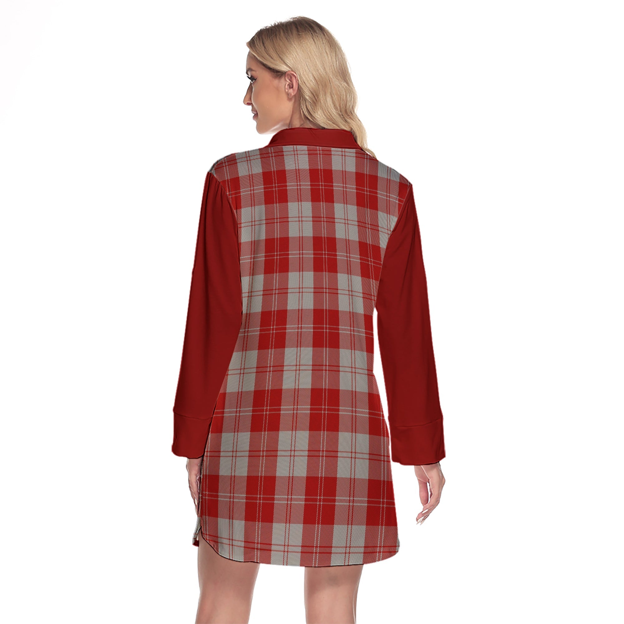 Erskine Red Tartan Women's Lapel Shirt Dress With Long Sleeve