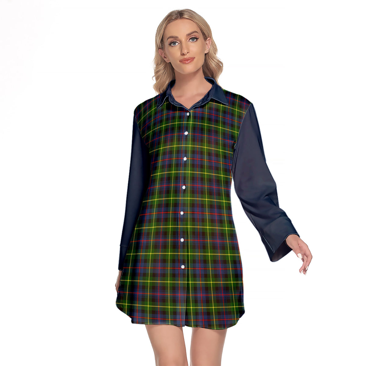 Farquharson Modern Tartan Women's Lapel Shirt Dress With Long Sleeve