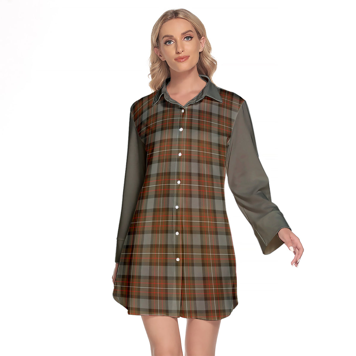 Ferguson Weathered Tartan Women's Lapel Shirt Dress With Long Sleeve