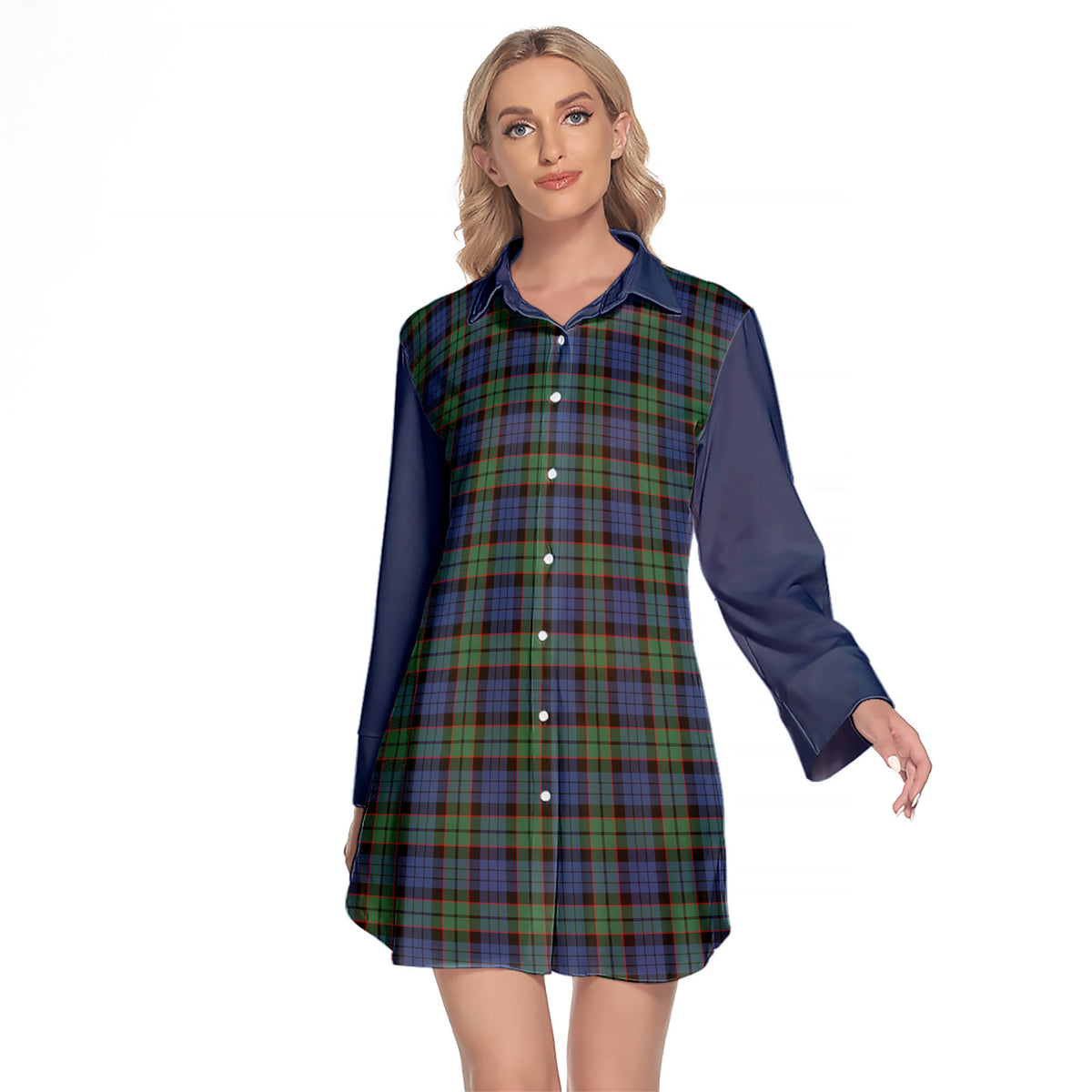 Fletcher Ancient Tartan Women's Lapel Shirt Dress With Long Sleeve