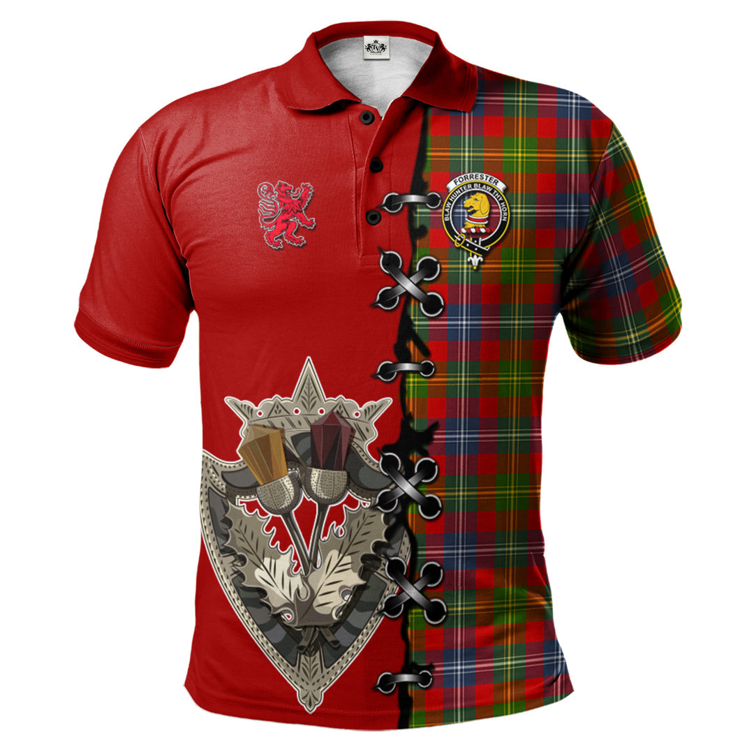 Forrester Tartan Polo Shirt - Lion Rampant And Celtic Thistle Style