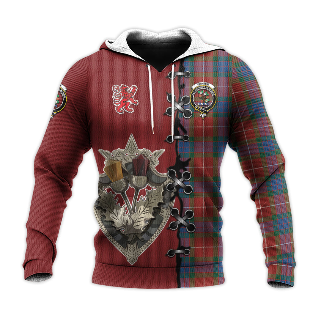 Fraser Ancient Tartan Hoodie - Lion Rampant And Celtic Thistle Style