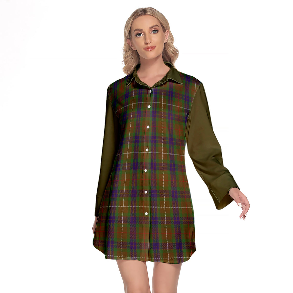 Fraser Hunting Tartan Women's Lapel Shirt Dress With Long Sleeve