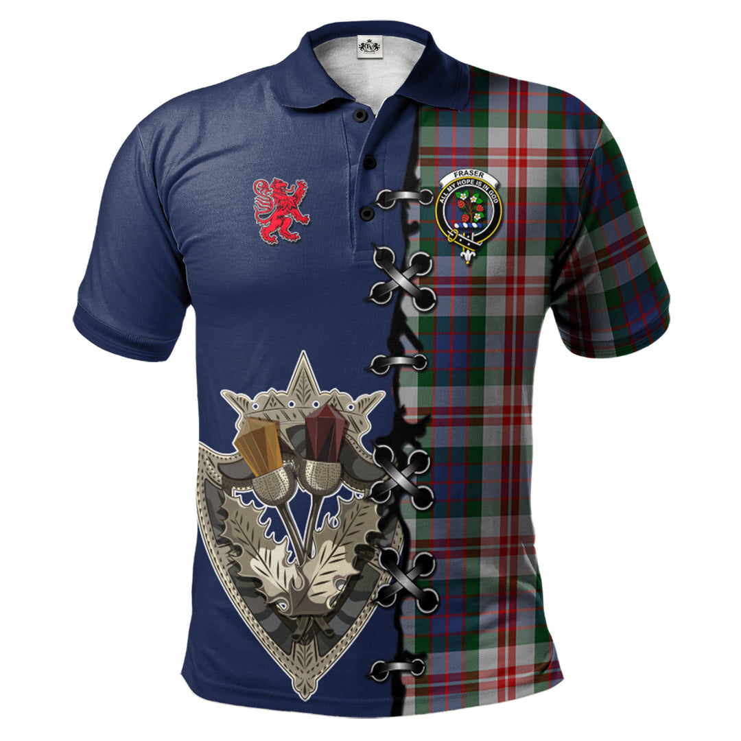 Fraser Red Dress Tartan Polo Shirt - Lion Rampant And Celtic Thistle Style