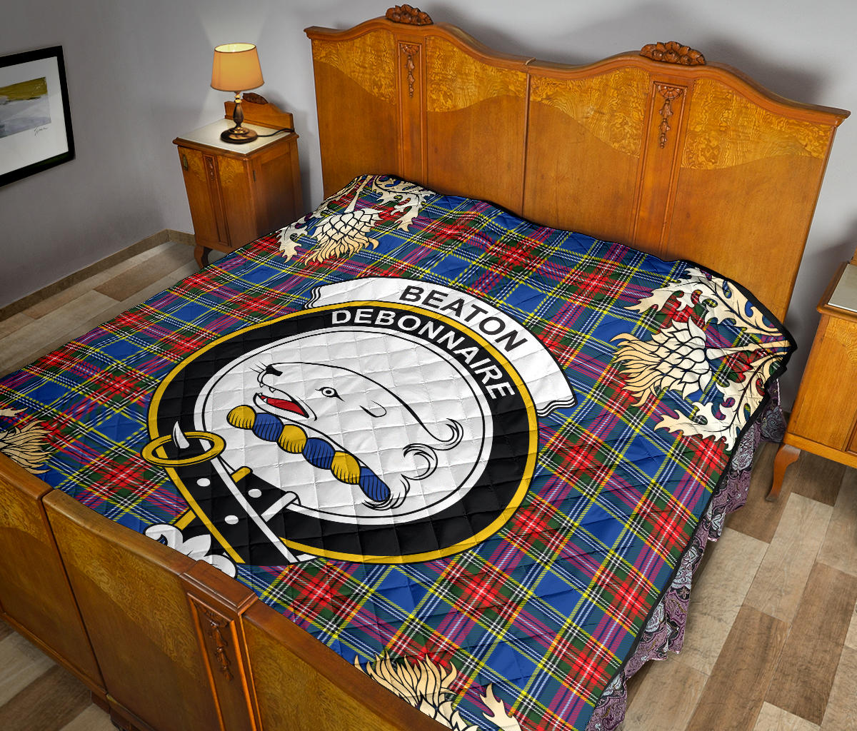 Beaton Tartan Crest Premium Quilt - Gold Thistle Style SP