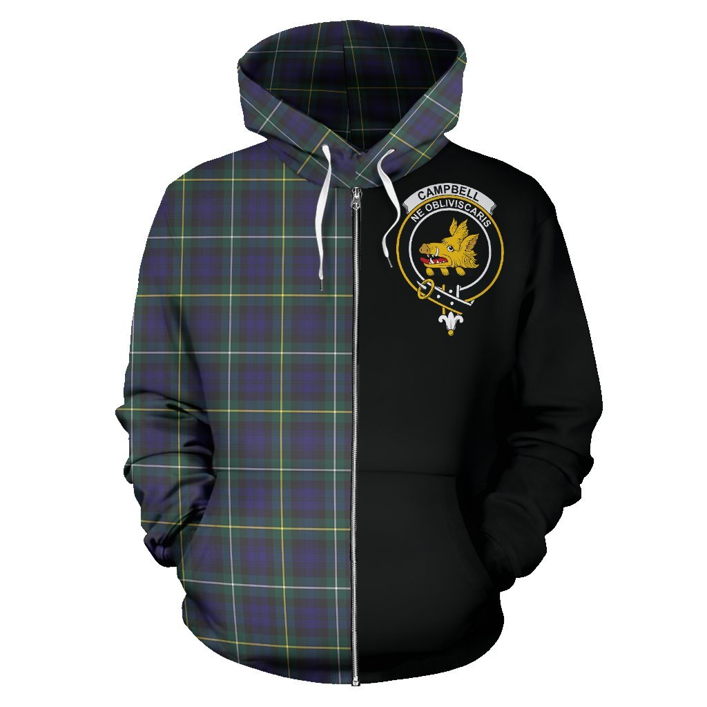 Campbell Argyll Modern Tartan Crest Zipper Hoodie - Half Of Me Style