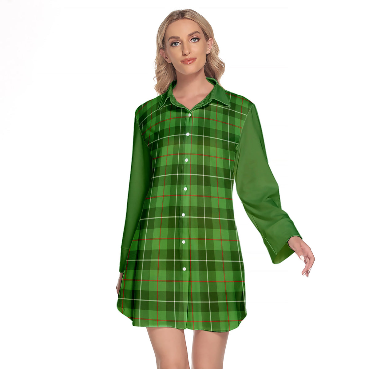 Galloway Tartan Women's Lapel Shirt Dress With Long Sleeve