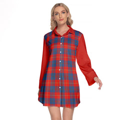 Galloway Red Tartan Women's Lapel Shirt Dress With Long Sleeve