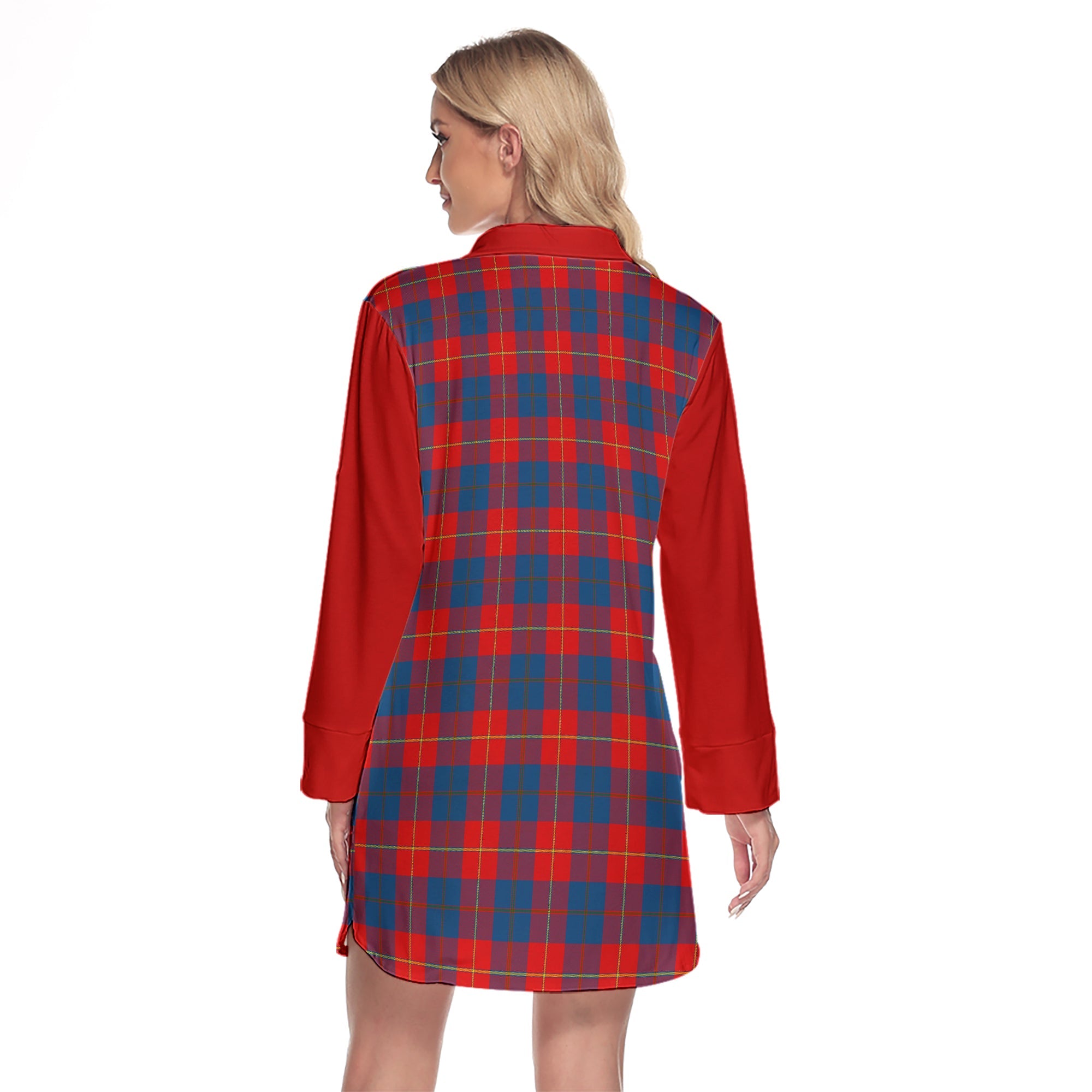 Galloway Red Tartan Women's Lapel Shirt Dress With Long Sleeve