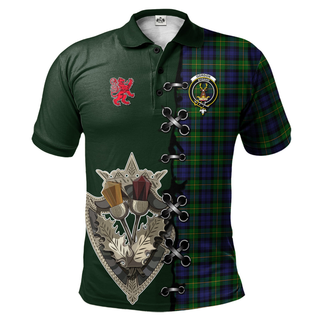 Gordon Tartan Polo Shirt - Lion Rampant And Celtic Thistle Style