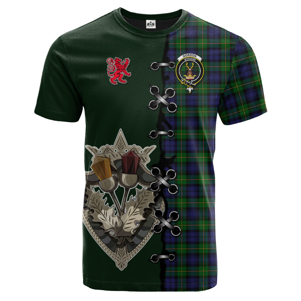 Gordon Tartan T-shirt - Lion Rampant And Celtic Thistle Style