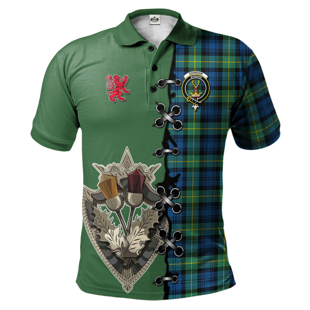 Gordon Ancient Tartan Polo Shirt - Lion Rampant And Celtic Thistle Style