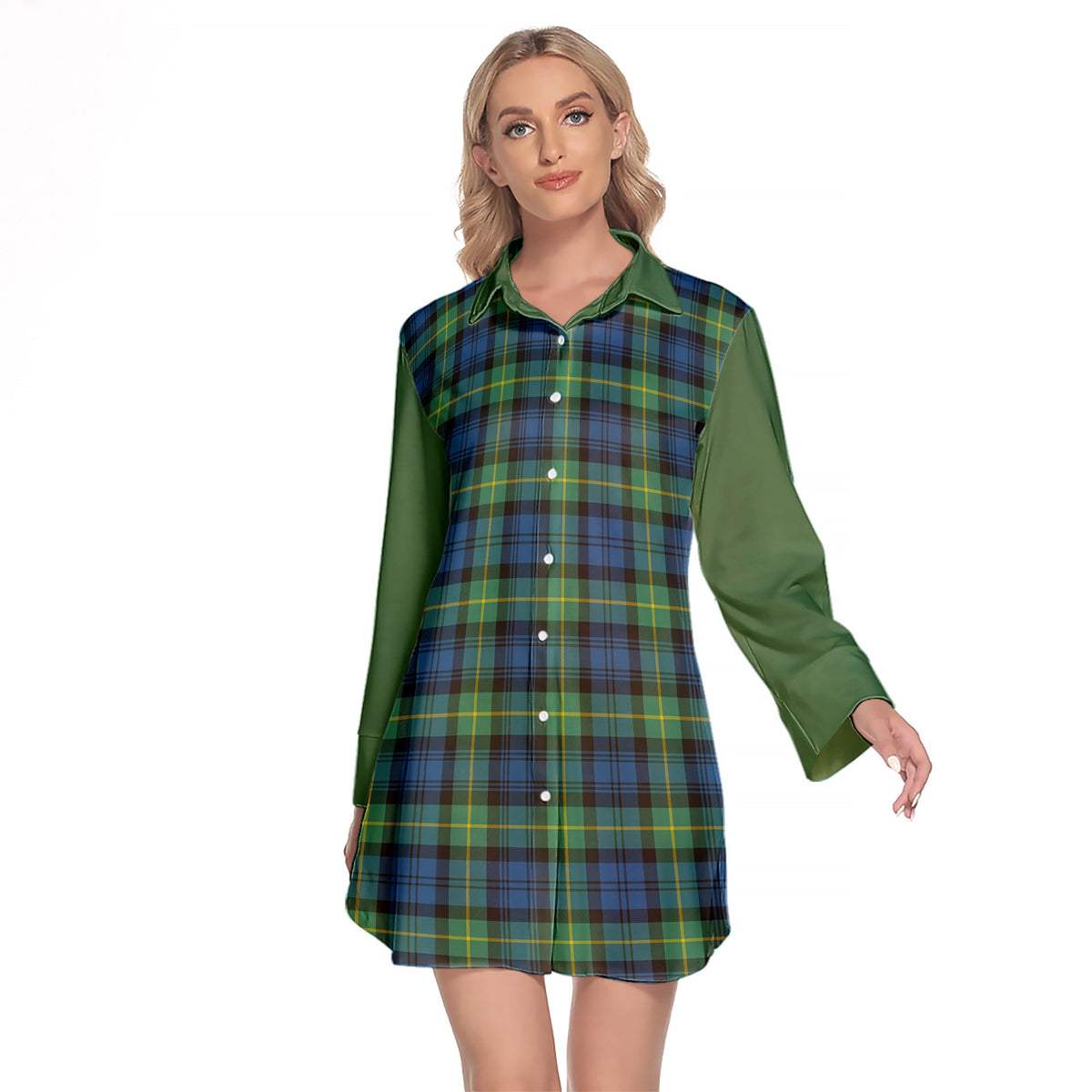 Gordon Ancient Tartan Women's Lapel Shirt Dress With Long Sleeve