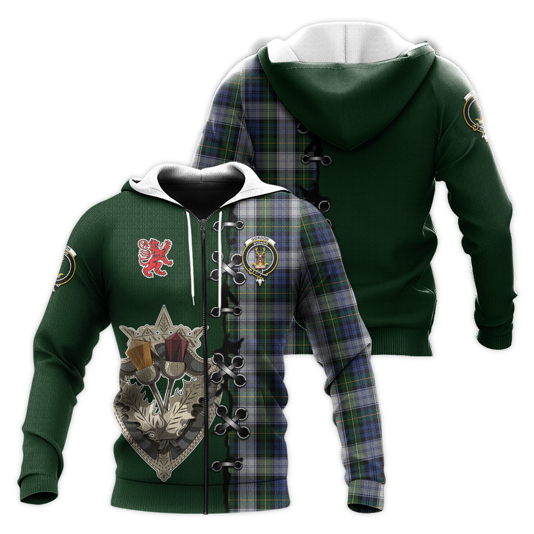 Gordon Dress Tartan Hoodie - Lion Rampant And Celtic Thistle Style