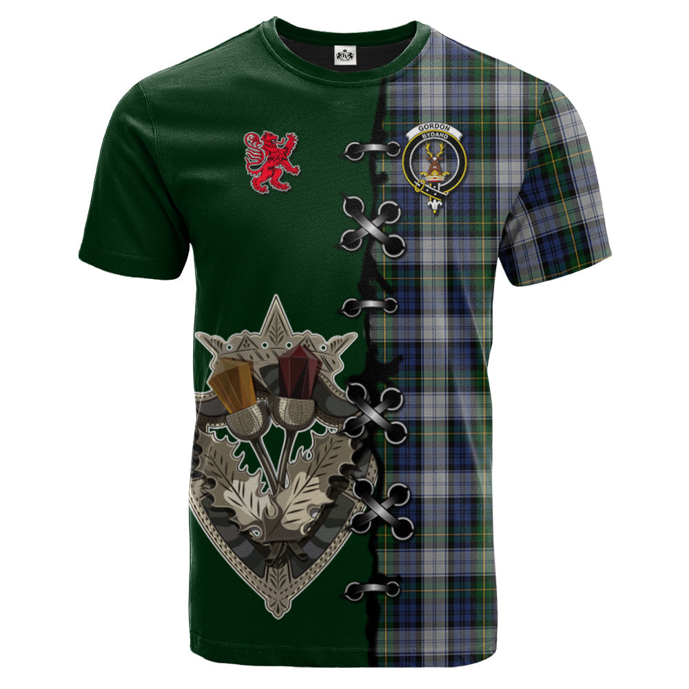 Gordon Dress Tartan T-shirt - Lion Rampant And Celtic Thistle Style